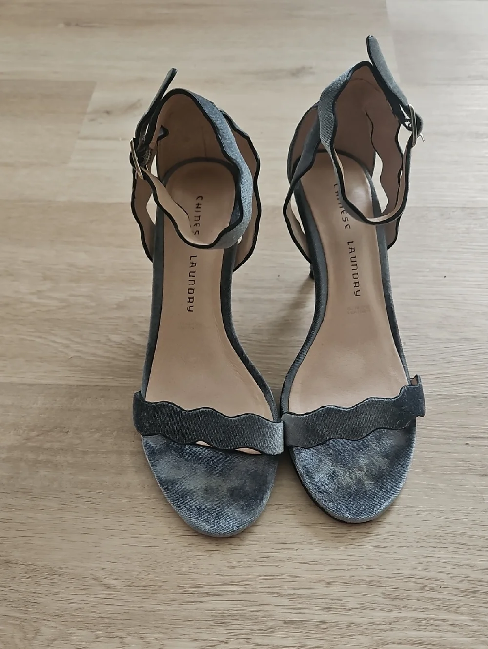 Silver Blue Velvet Scalloped Ankle-Strap Sandal